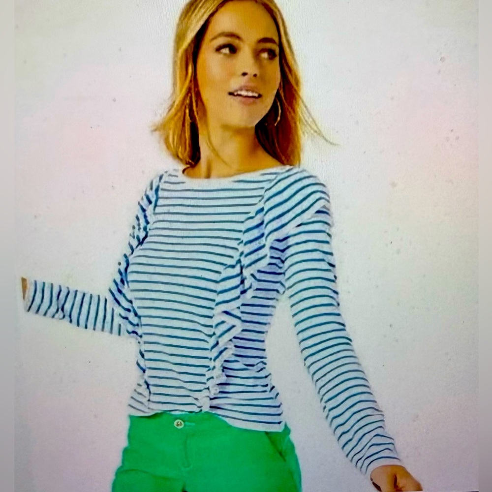 Lilly Pulitzer, Ruth ruffle bennett blue beach stripe sweater, size small